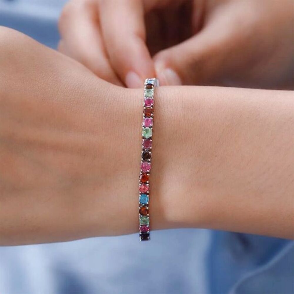 Elegant Silver-Plated Multi-Color CZ Tennis Bracelet 7.25" with Secure Clasp - Picture 2 of 4